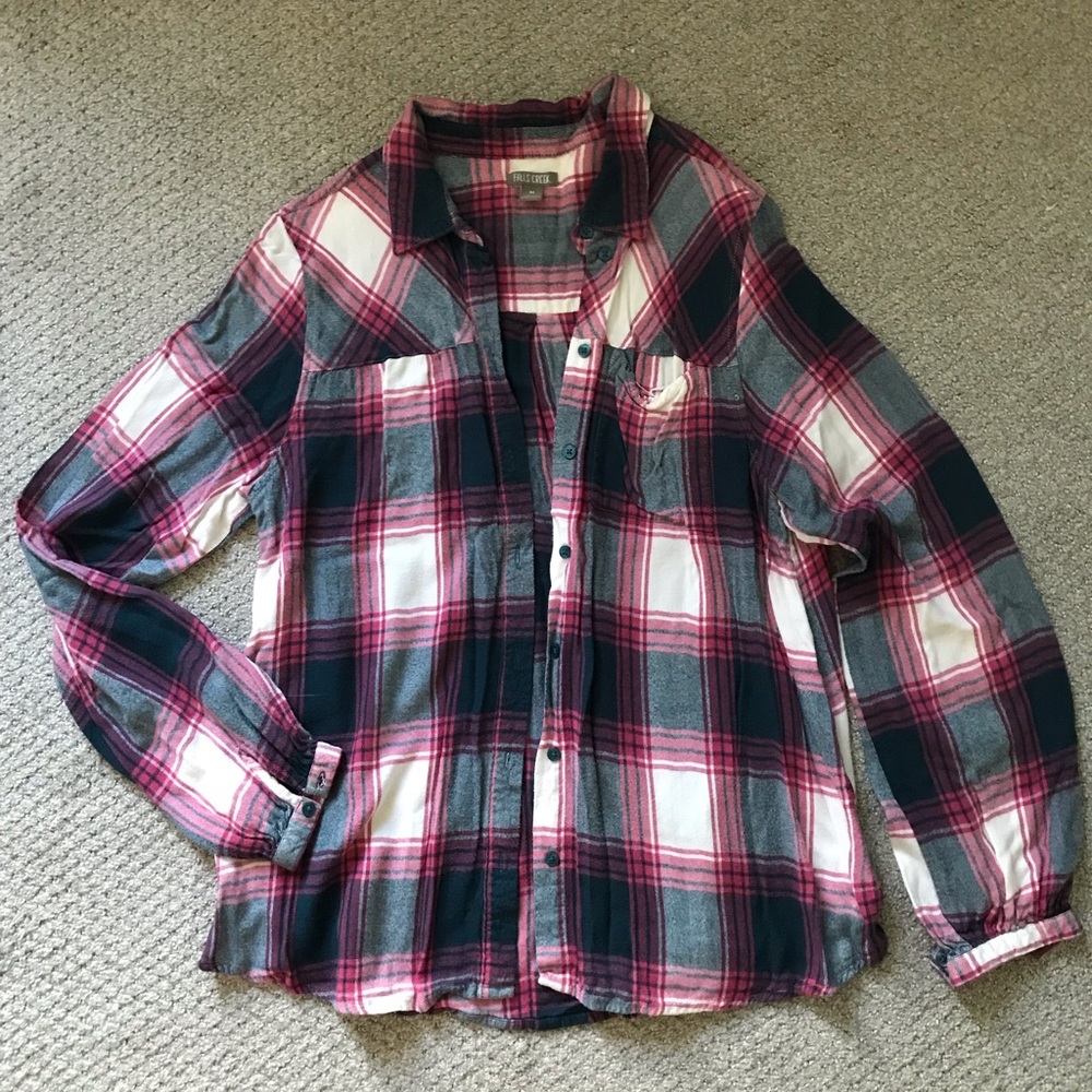 5/$15 Falls Creek Blue and Pink Plaid Button Down